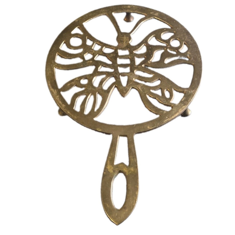 Vtg Brass Butterfly Trivet Footed Handle 9" Mid Century Wall Hanging Hot Pad MCM